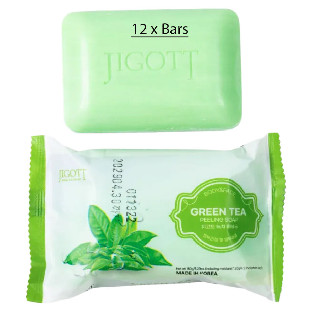 Jigott Exfoliating Body And Face Peeling Bar Soap 150g Green Tea x 12