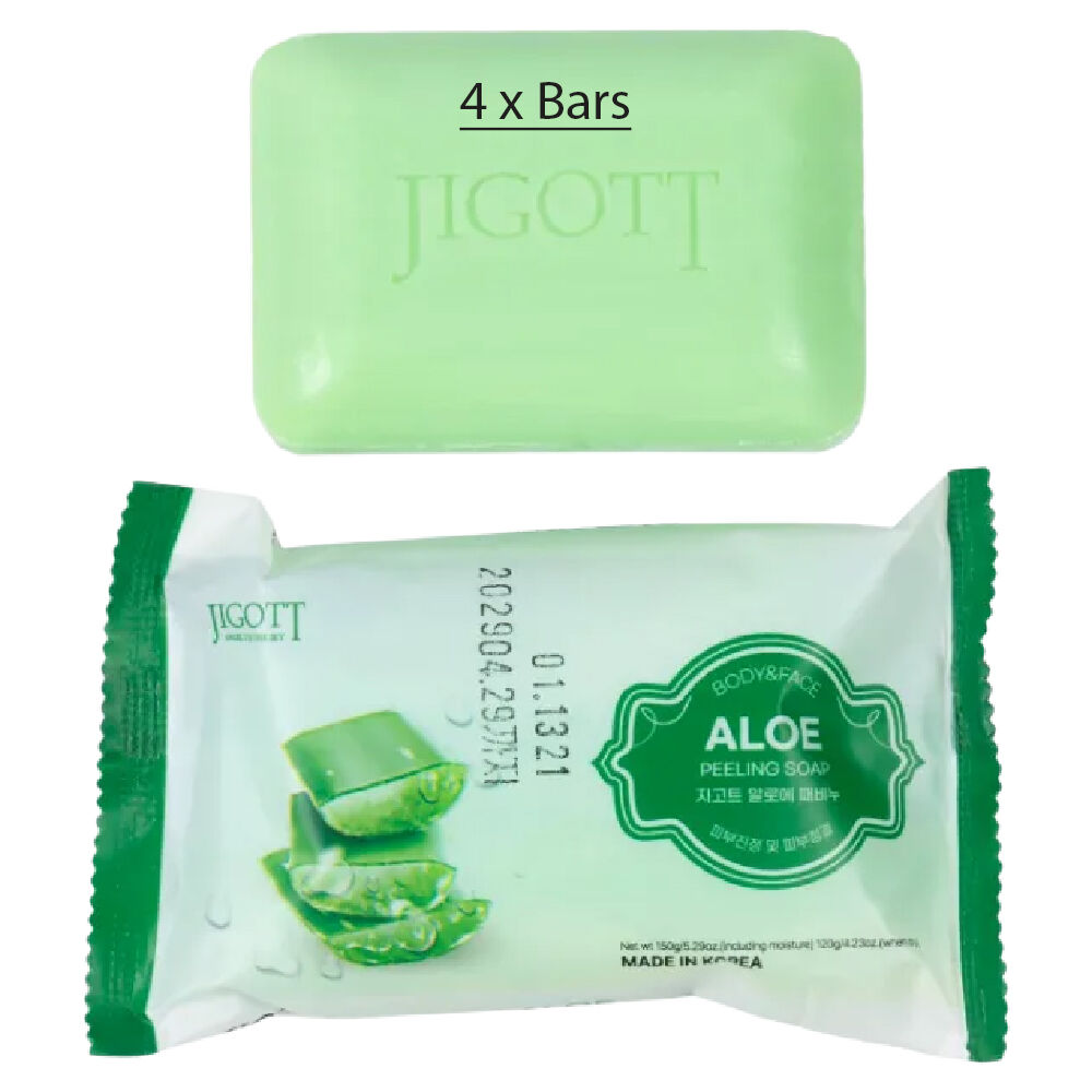 Jigott Exfoliating Body And Face Peeling Bar Soap 150g Aloe Vera x 4