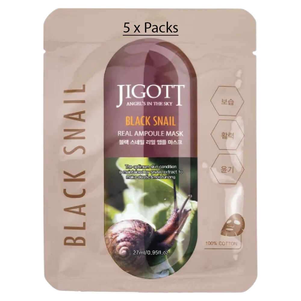 Jigott Black Snail Extract Ampoule Sheet Mask 27ml Korean Cotton Face Mask x 5