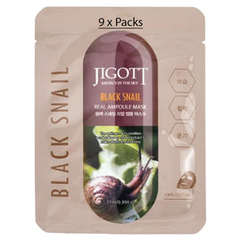 Jigott Black Snail Extract Ampoule Sheet Mask 27ml Korean Cotton Face Mask x 9