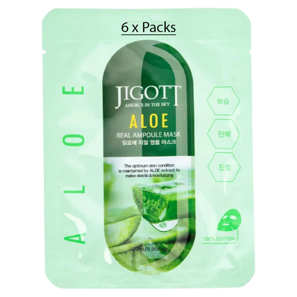 Jigott Aloe Vera Extract Ampoule Sheet Mask 27ml Korean Cotton Face Mask x 6