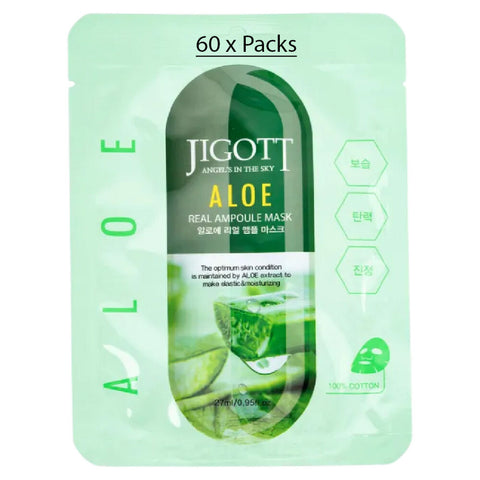 Jigott Aloe Vera Extract Ampoule Sheet Mask 27ml Korean Cotton Face Mask x 60