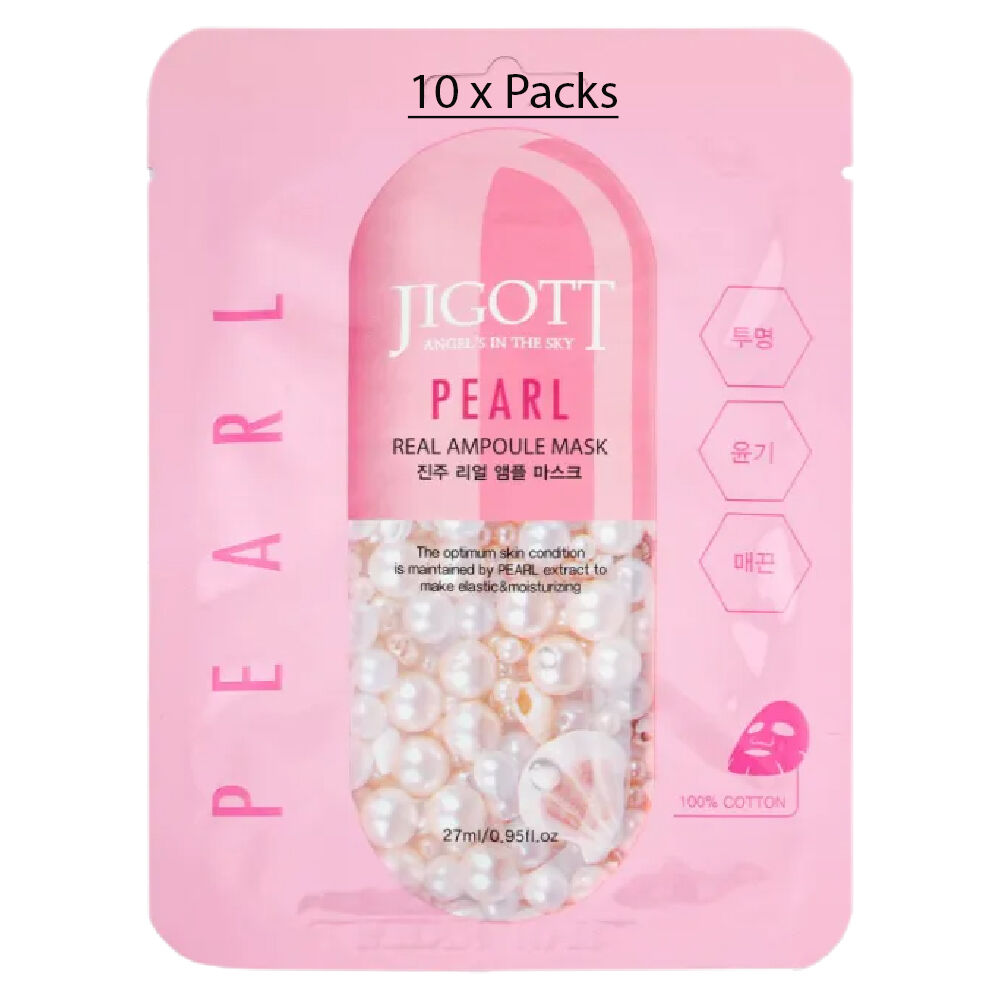 Jigott Pearl Extract Ampoule Sheet Mask 27ml Korean Cotton Face Mask x 10