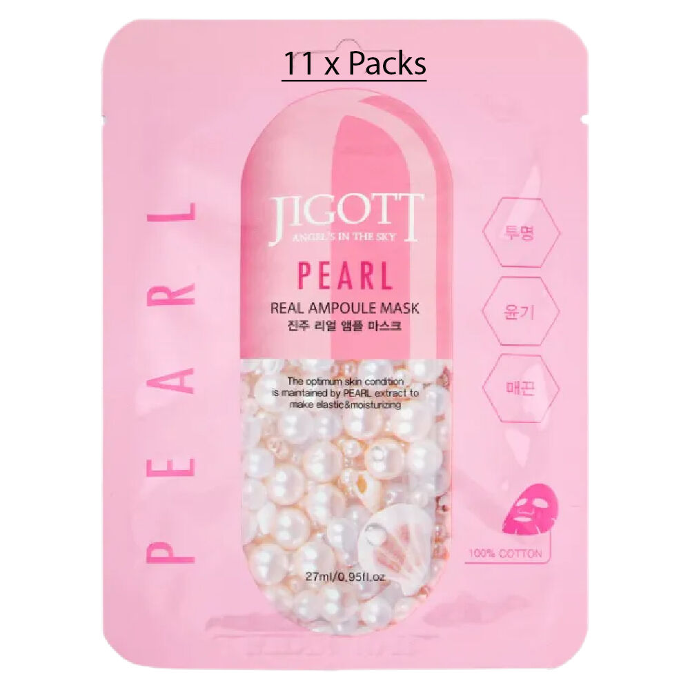 Jigott Pearl Extract Ampoule Sheet Mask 27ml Korean Cotton Face Mask x 11