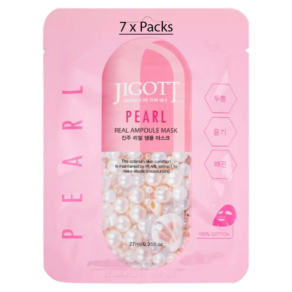 Jigott Pearl Extract Ampoule Sheet Mask 27ml Korean Cotton Face Mask x 7