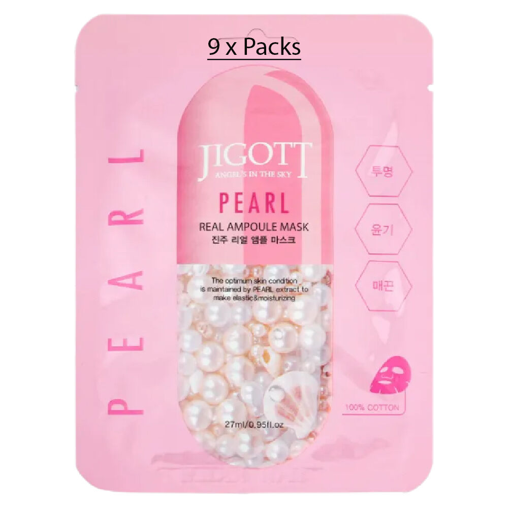 Jigott Pearl Extract Ampoule Sheet Mask 27ml Korean Cotton Face Mask x 9