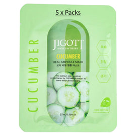 Jigott Cucumber Extract Ampoule Sheet Mask 27ml Korean Cotton Face Mask x 5