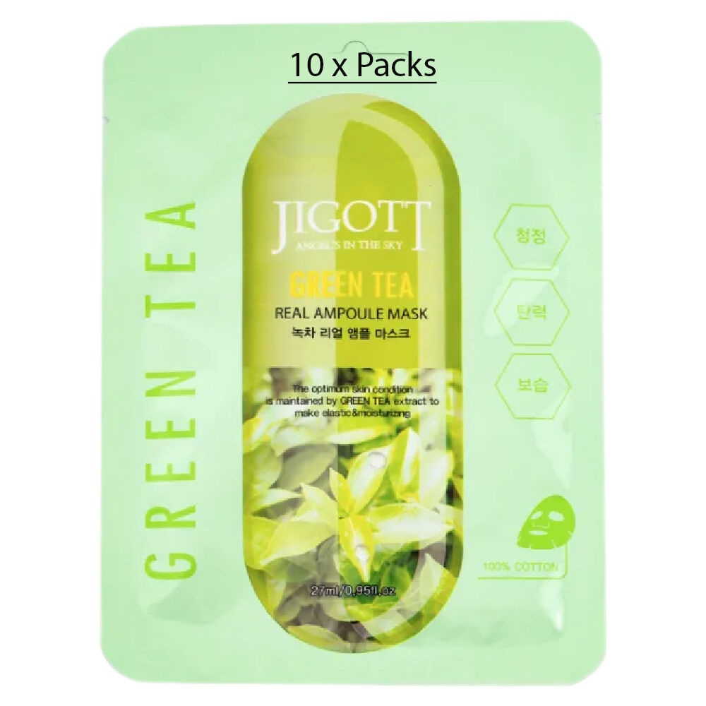 Jigott Green Tea Extract Sheet Mask 27ml Korean Cotton Hydrating Face Mask x 10