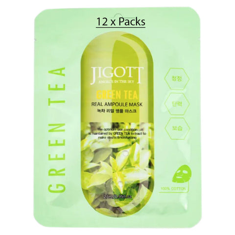 Jigott Green Tea Extract Sheet Mask 27ml Korean Cotton Hydrating Face Mask x 12