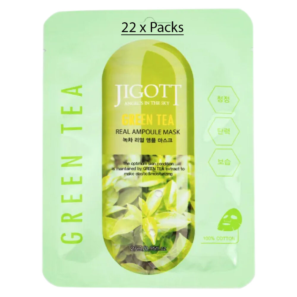 Jigott Green Tea Extract Sheet Mask 27ml Korean Cotton Hydrating Face Mask x 22