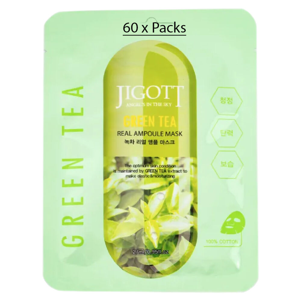 Jigott Green Tea Extract Sheet Mask 27ml Korean Cotton Hydrating Face Mask x 60