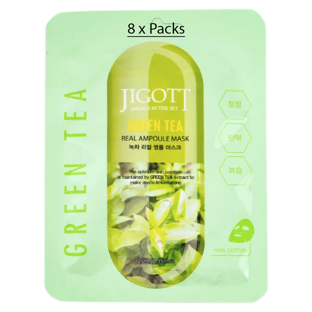 Jigott Green Tea Extract Sheet Mask 27ml Korean Cotton Hydrating Face Mask x 8