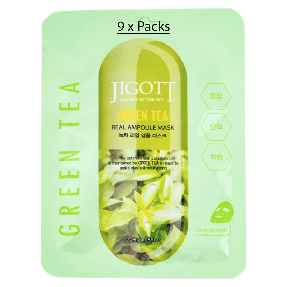 Jigott Green Tea Extract Sheet Mask 27ml Korean Cotton Hydrating Face Mask x 9