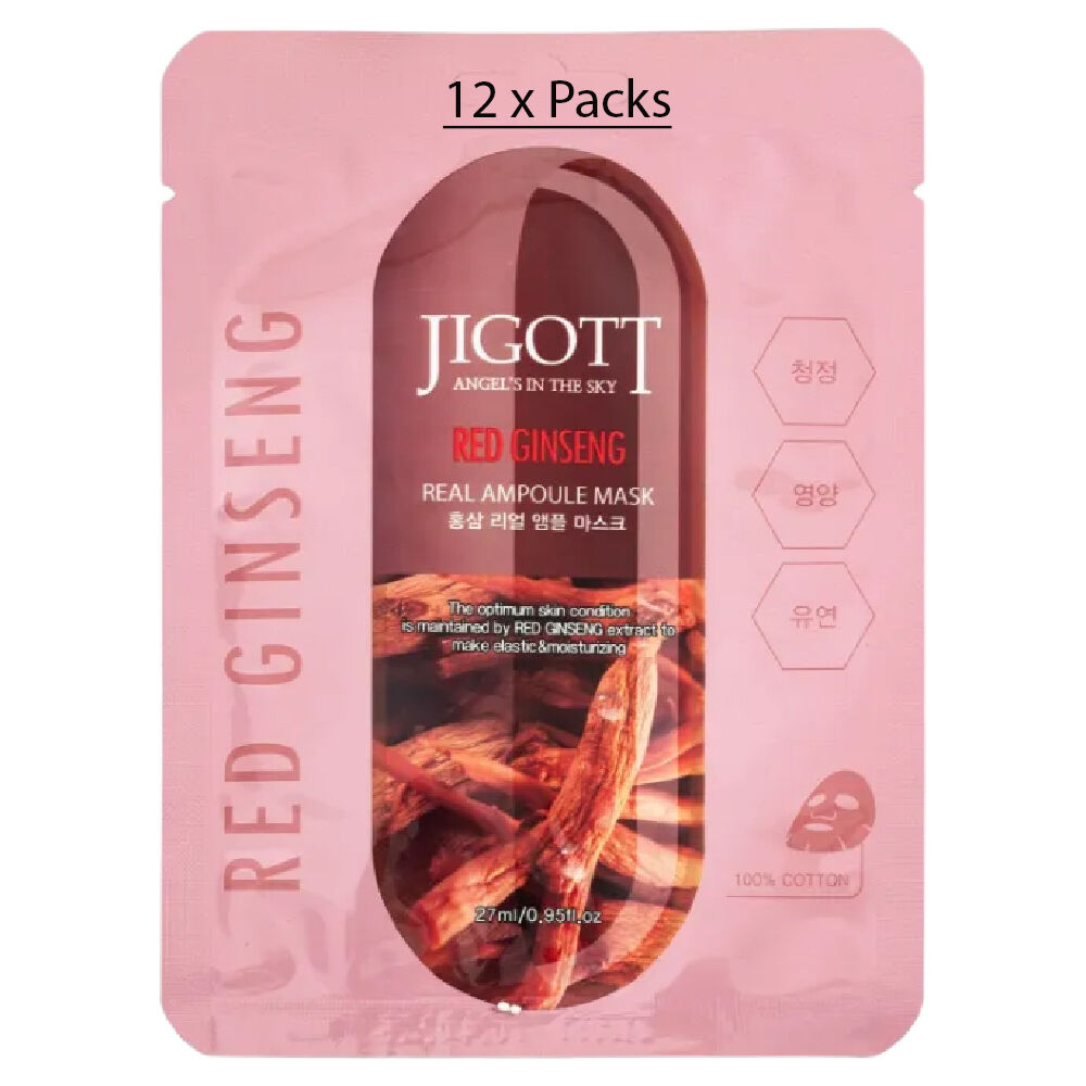 Jigott Red Ginseng Extract Sheet Mask 27ml Korean Cotton Anti Aging Face Mask x 12