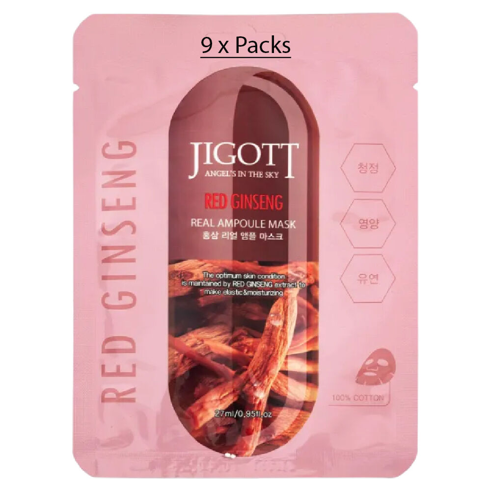 Jigott Red Ginseng Extract Sheet Mask 27ml Korean Cotton Anti Aging Face Mask x 9