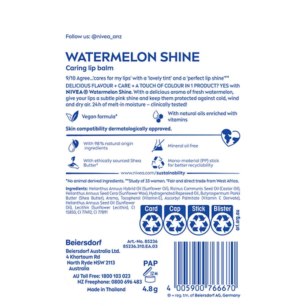 NIVEA 24h Melt-In Moisture Lip Balm Watermelon Shine 4.8g