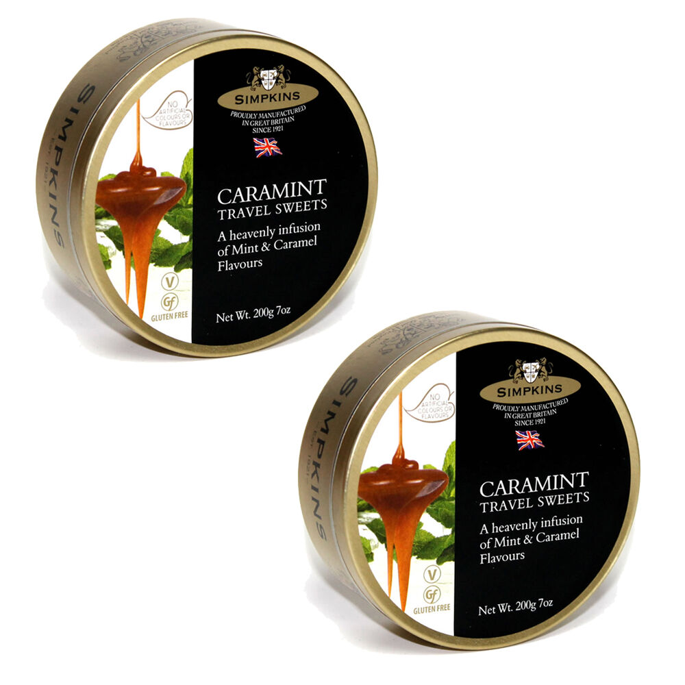 Simpkins Caramint Fruit Drops 2 x 200g Tin Mint Caramel Travel Sweets