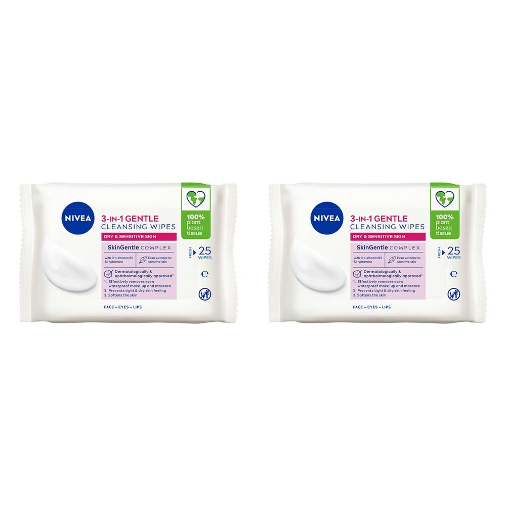 NIVEA 3-in-1 Gentle Biodegradable Cleansing 25 Wipes Pack of 2