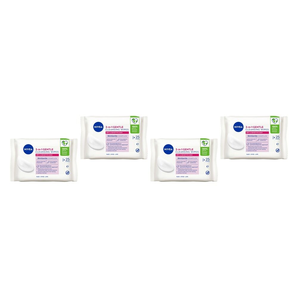 NIVEA 3-in-1 Gentle Biodegradable Cleansing 25 Wipes Pack of 4