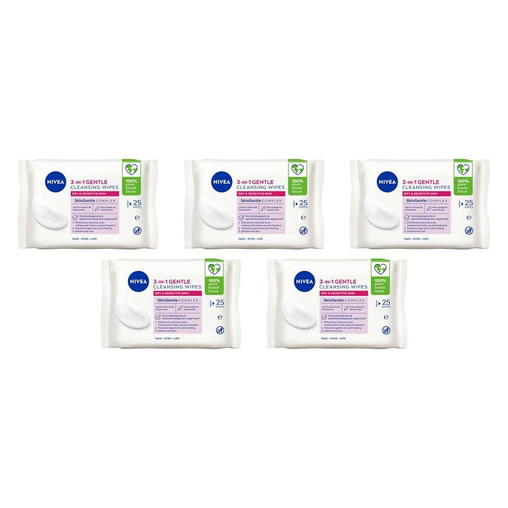 NIVEA 3-in-1 Gentle Biodegradable Cleansing 25 Wipes Pack of 5