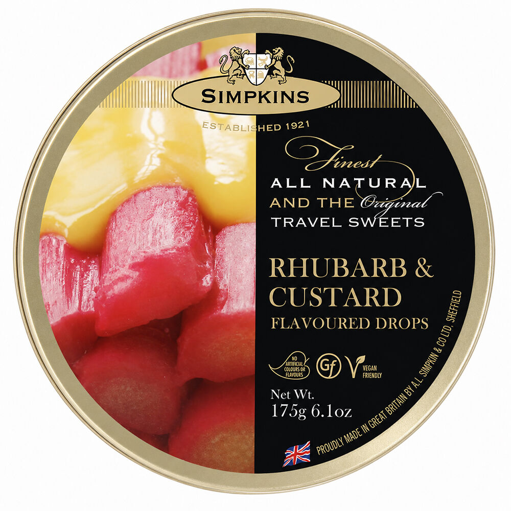 Simpkins Rhubarb and Custard Drops 175g Tin Sweets Candy Lollies