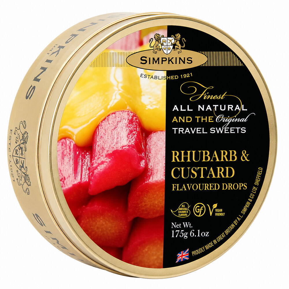 Simpkins Rhubarb and Custard Drops 175g Tin Sweets Candy Lollies