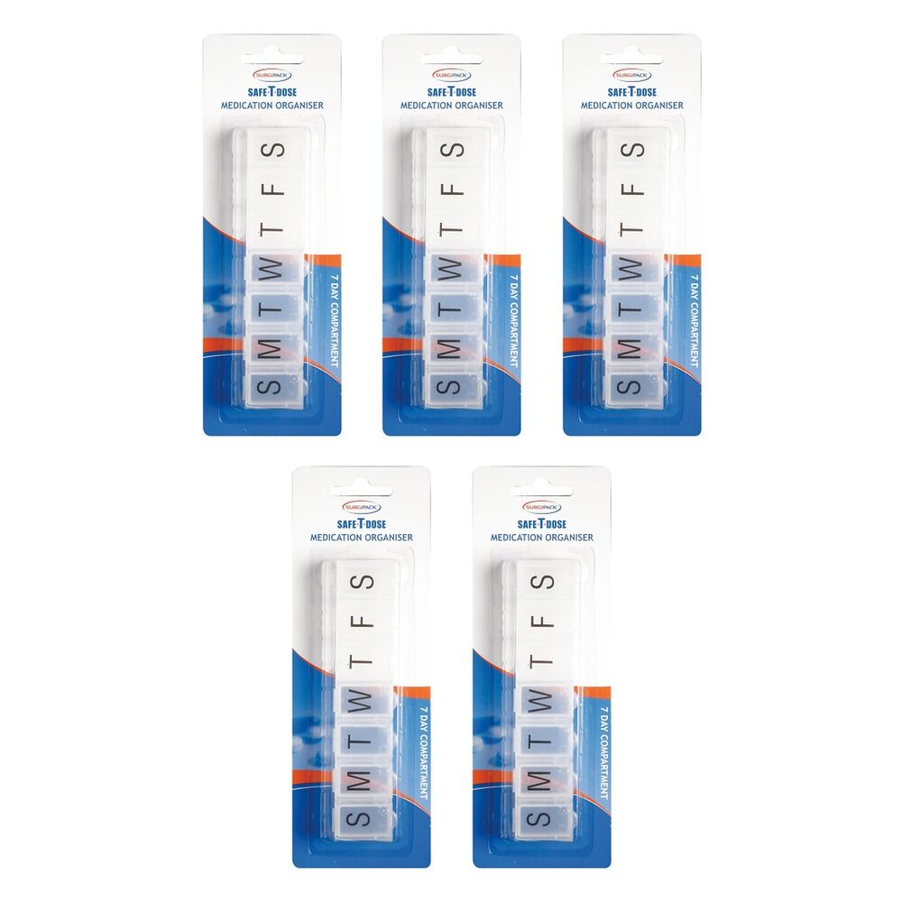 SurgiPack Safe-T-Dose 7 Day 1 Compartment Pill Organiser Pack of 5