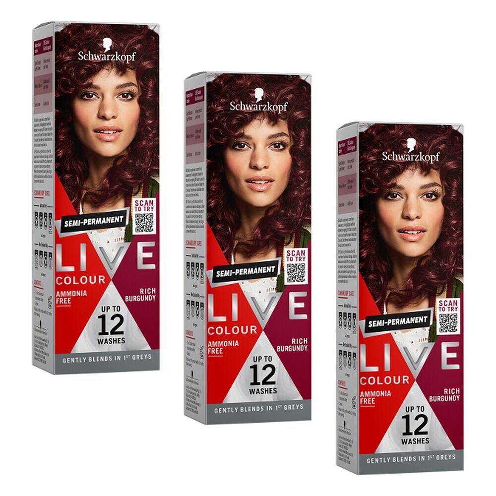 Schwarzkopf LIVE Colour Rich Burgundy Semi-Permanent Hair Colour 75mL Pack of 3