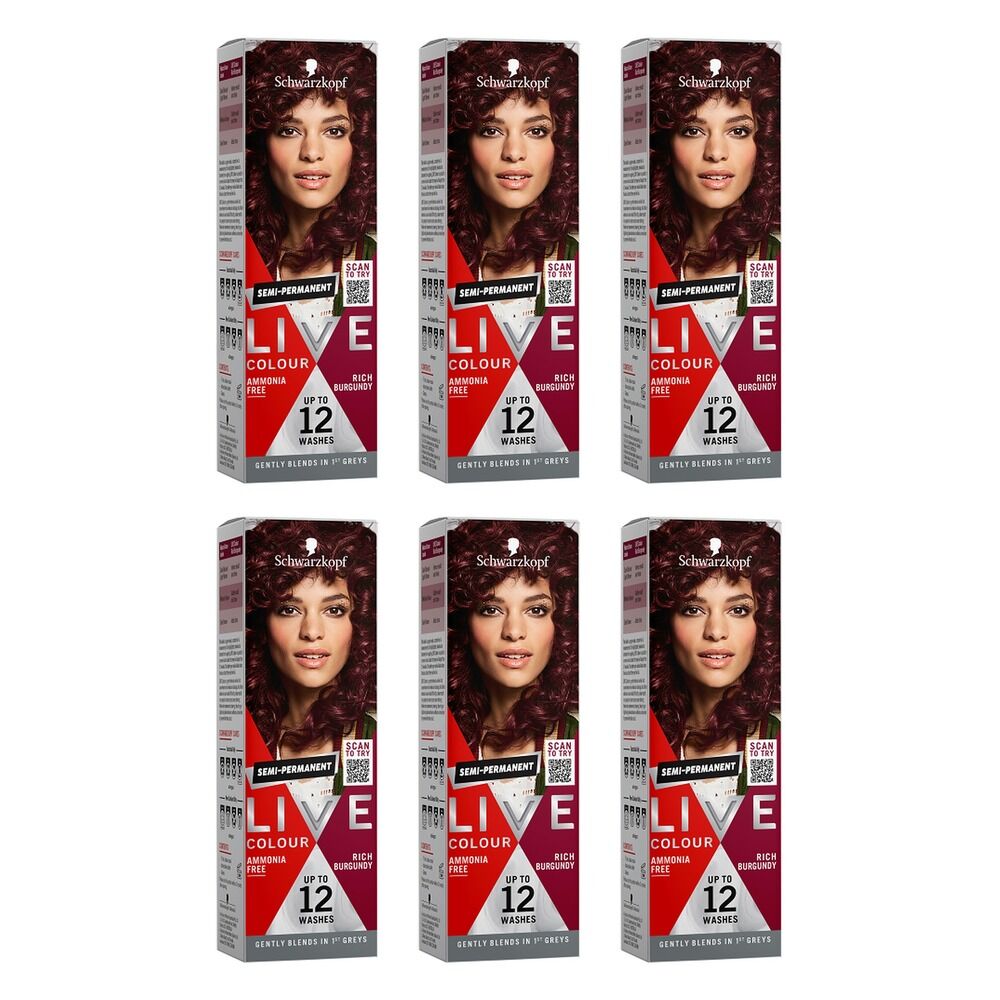 Schwarzkopf LIVE Colour Rich Burgundy Semi-Permanent Hair Colour 75mL Pack of 6
