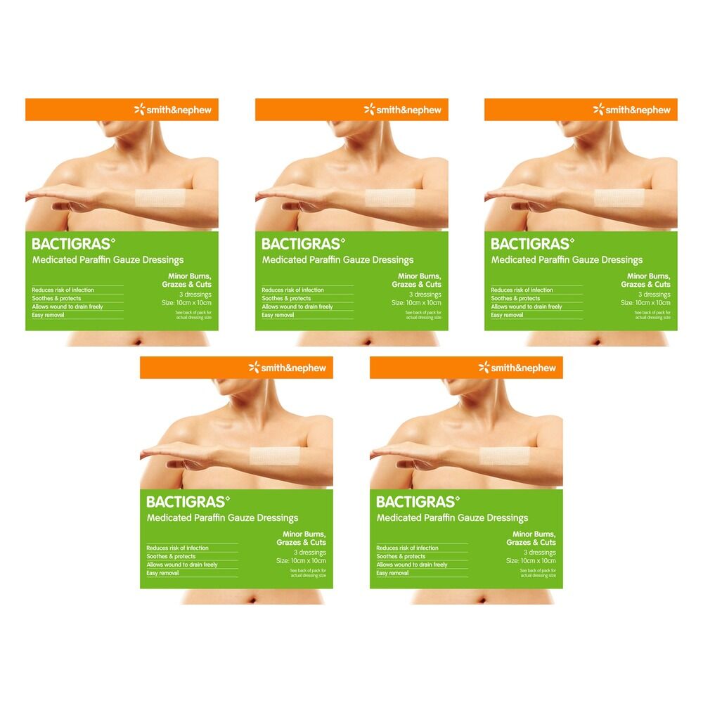 Bactigras Medicated Paraffin Gauze Dressings 10cm x 10cm 3 Pack Bundle of 5