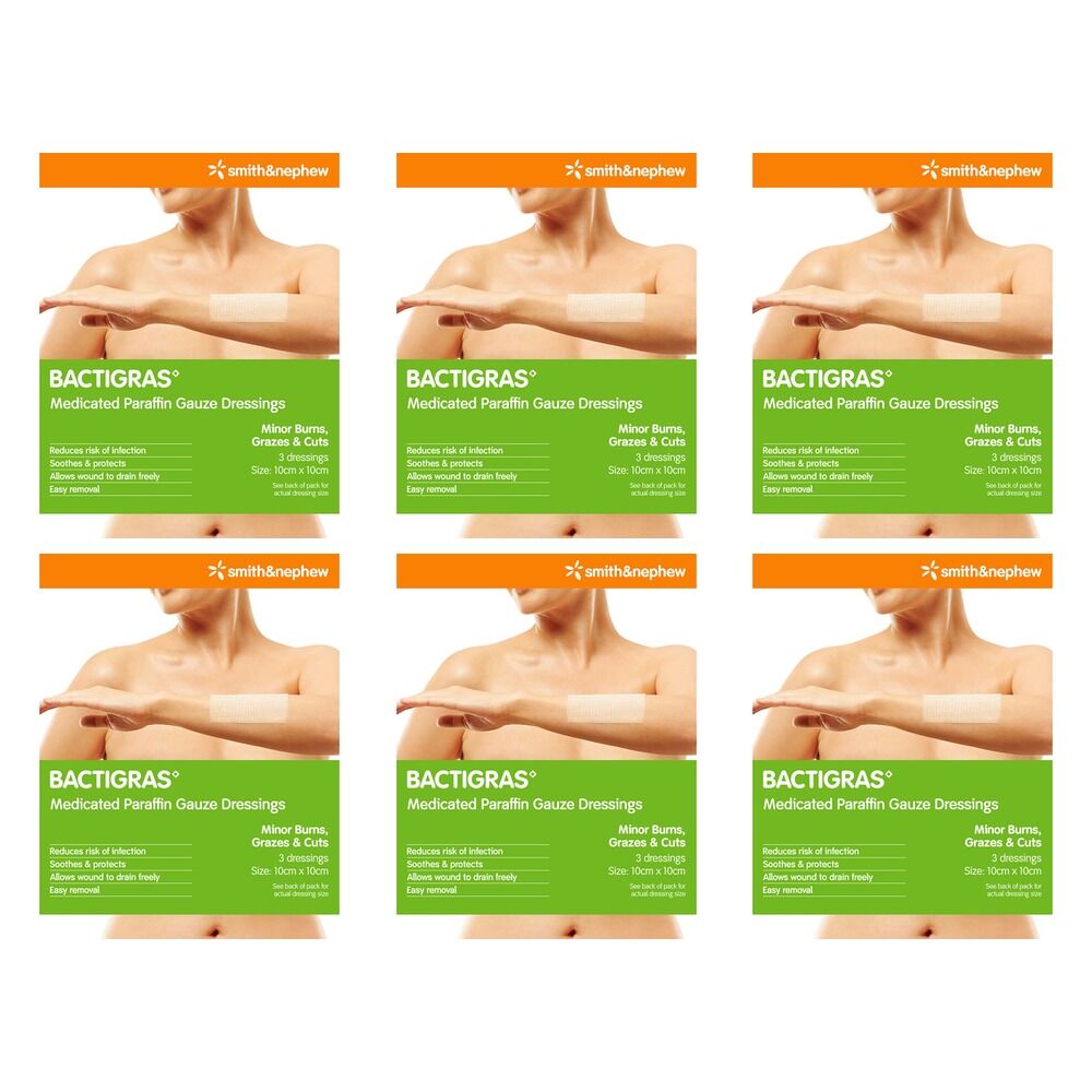 Bactigras Medicated Paraffin Gauze Dressings 10cm x 10cm 3 Pack Bundle of 6