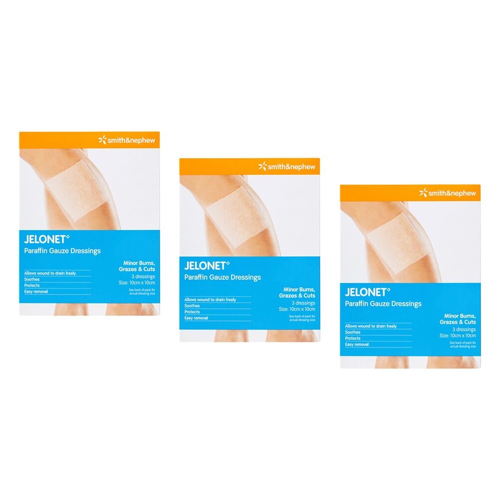 Jelonet Paraffin Gauze Dressing 10cm x 10cm 3 Pack Bundle of 3