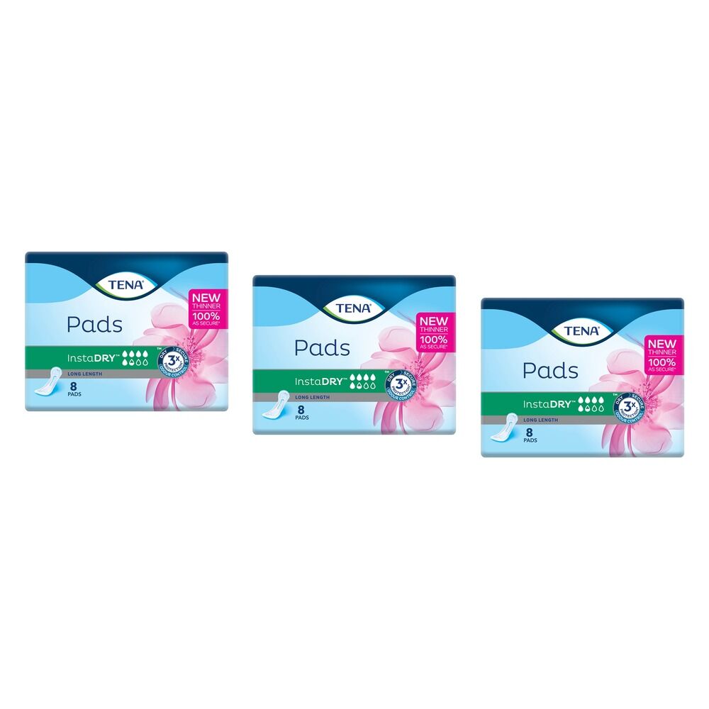 Tena InstaDry Long Length Pads 8 Pack x 6 Bundle of 3