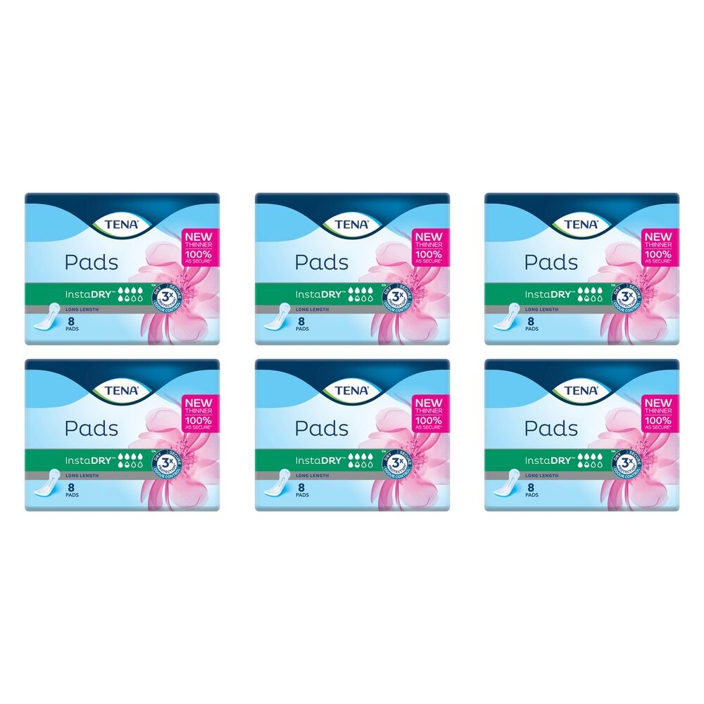 Tena InstaDry Long Length Pads 8 Pack x 6 Bundle of 6