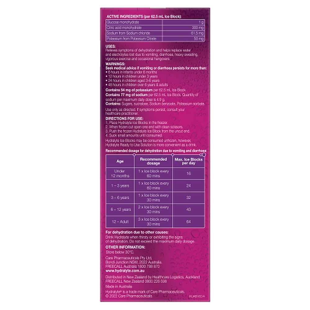 Hydralyte Apple Blackcurrant Flavoured Electrolyte Ice Blocks 16 Pack