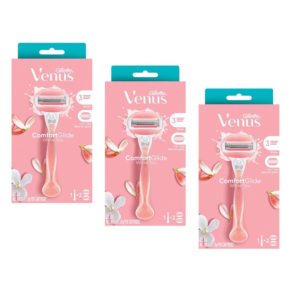 Gillette Venus Comfortglide White Tea Razor Handle + 2 Refills 3 Piece Pack of 3