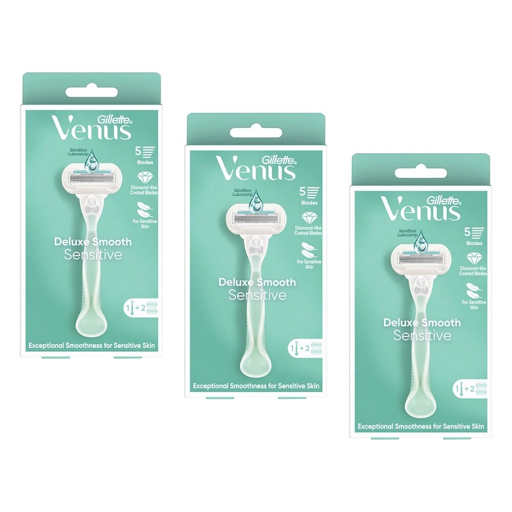 Gillette Venus Deluxe Smooth Razor with 2 Refills, 3 Piece Set x 4 Bundle of 3