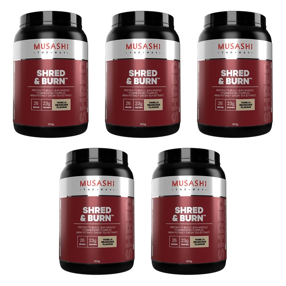 Musashi Shred & Burn Protein Powder Vanilla Milkshake 900g Pack of 5
