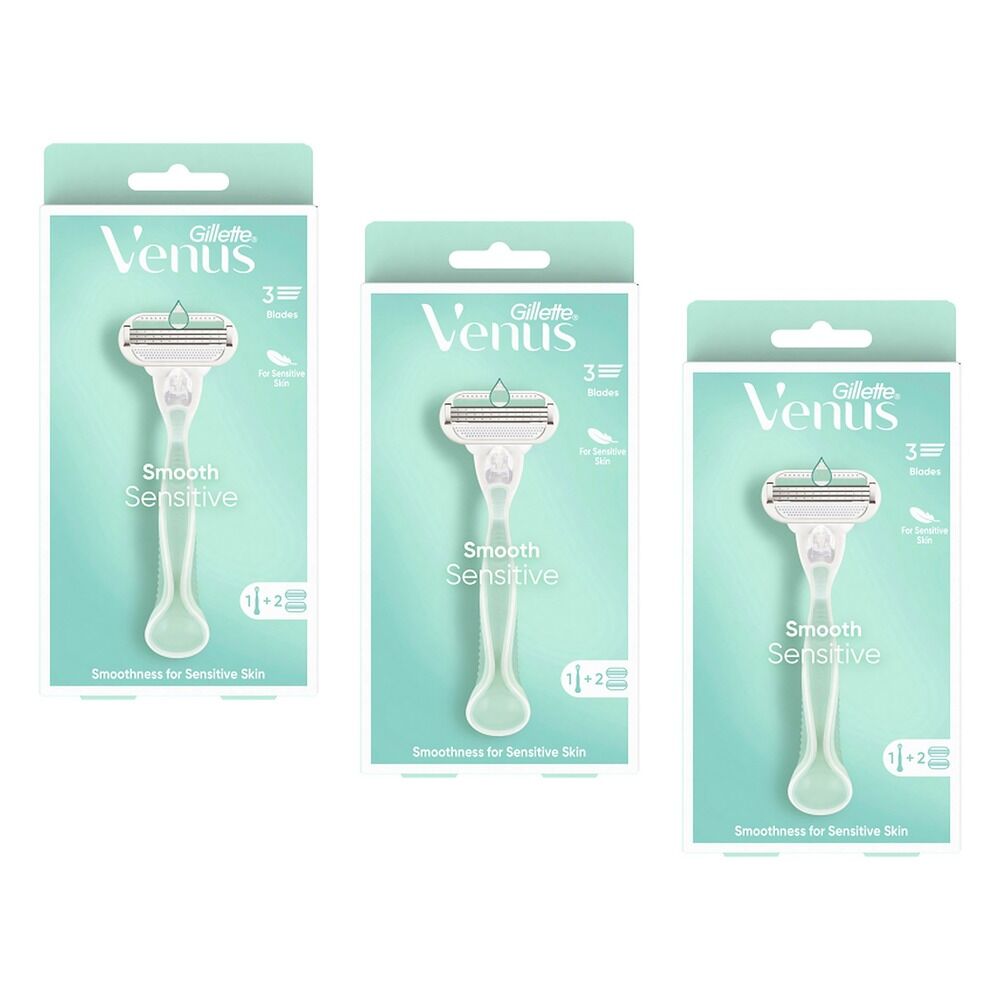 Gillette Venus Smooth Sensitive Razor Handle + 2 Refills 3 Piece Pack of 3