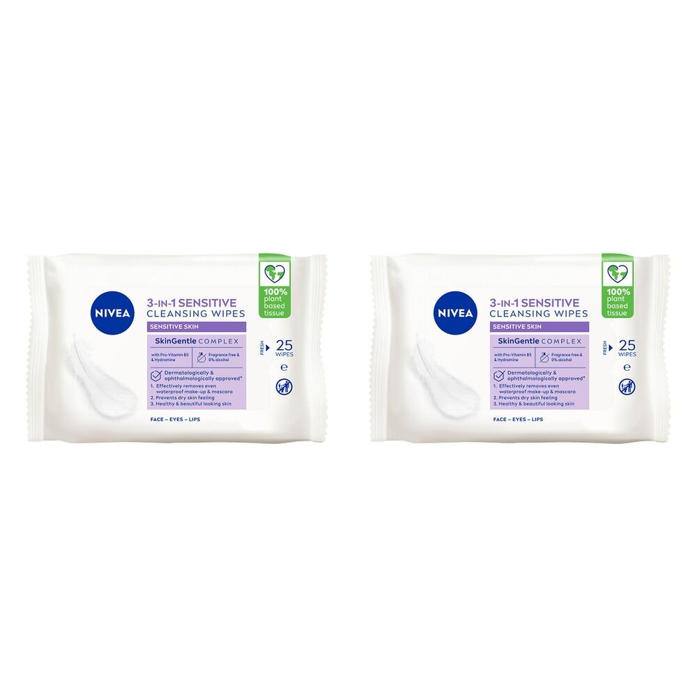 NIVEA 3-in-1 Sensitive Biodegradable Cleansing 25 Wipes Pack of 2