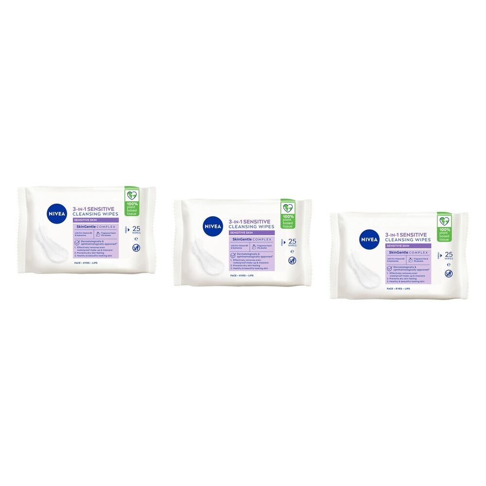 NIVEA 3-in-1 Sensitive Biodegradable Cleansing 25 Wipes Pack of 3