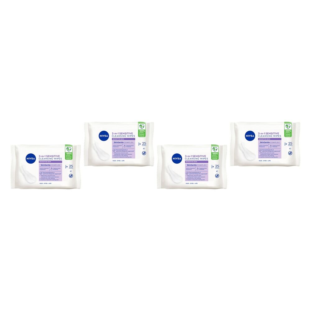 NIVEA 3-in-1 Sensitive Biodegradable Cleansing 25 Wipes Pack of 4