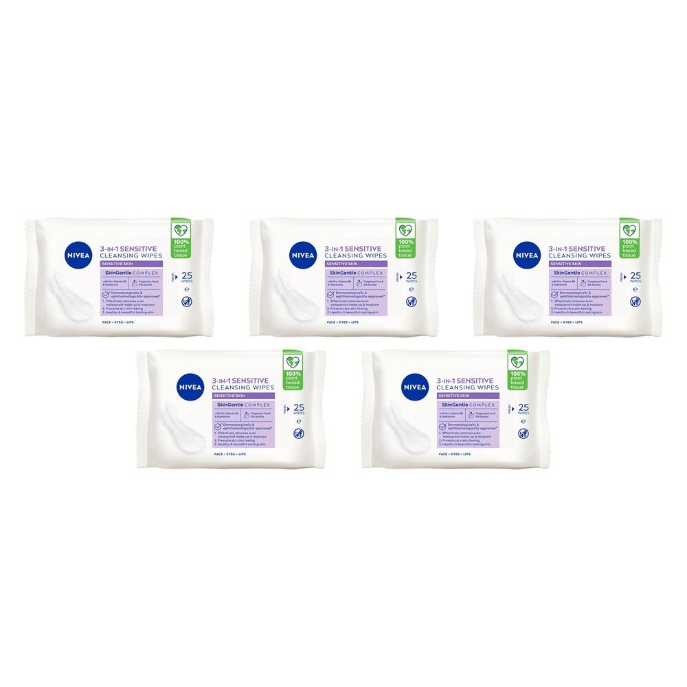 NIVEA 3-in-1 Sensitive Biodegradable Cleansing 25 Wipes Pack of 5