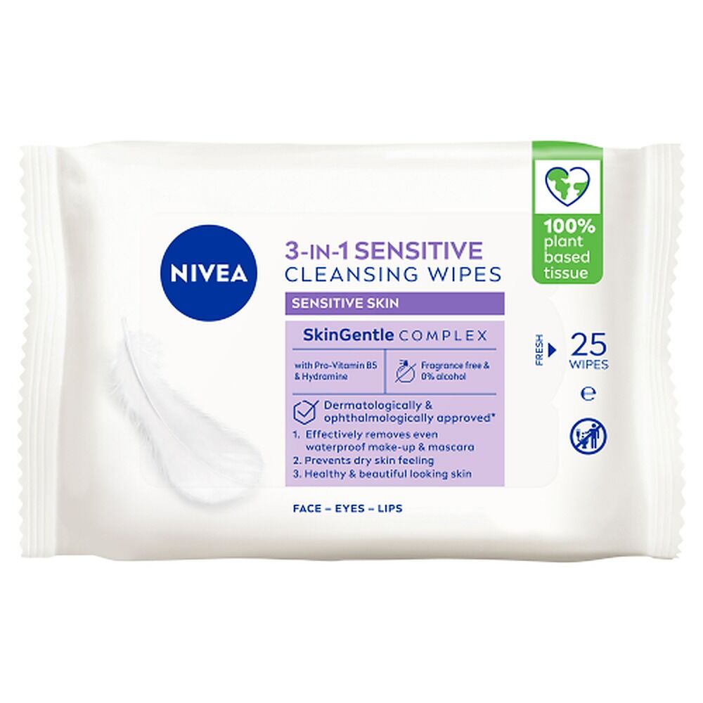 NIVEA 3-in-1 Sensitive Biodegradable Cleansing 25 Wipes