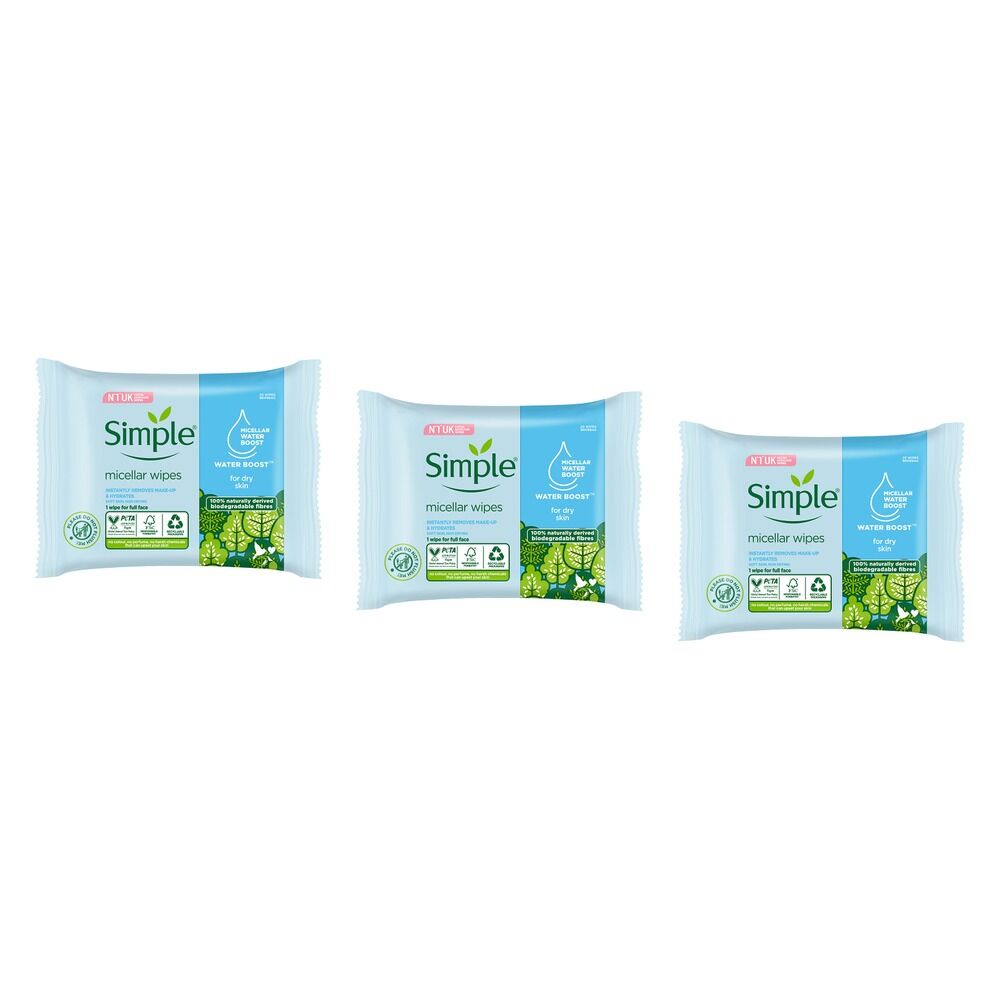 Simple Kind To Skin Micellar Biodegradable Facial Wipes 20 Wipes x 6 Bundle of 3