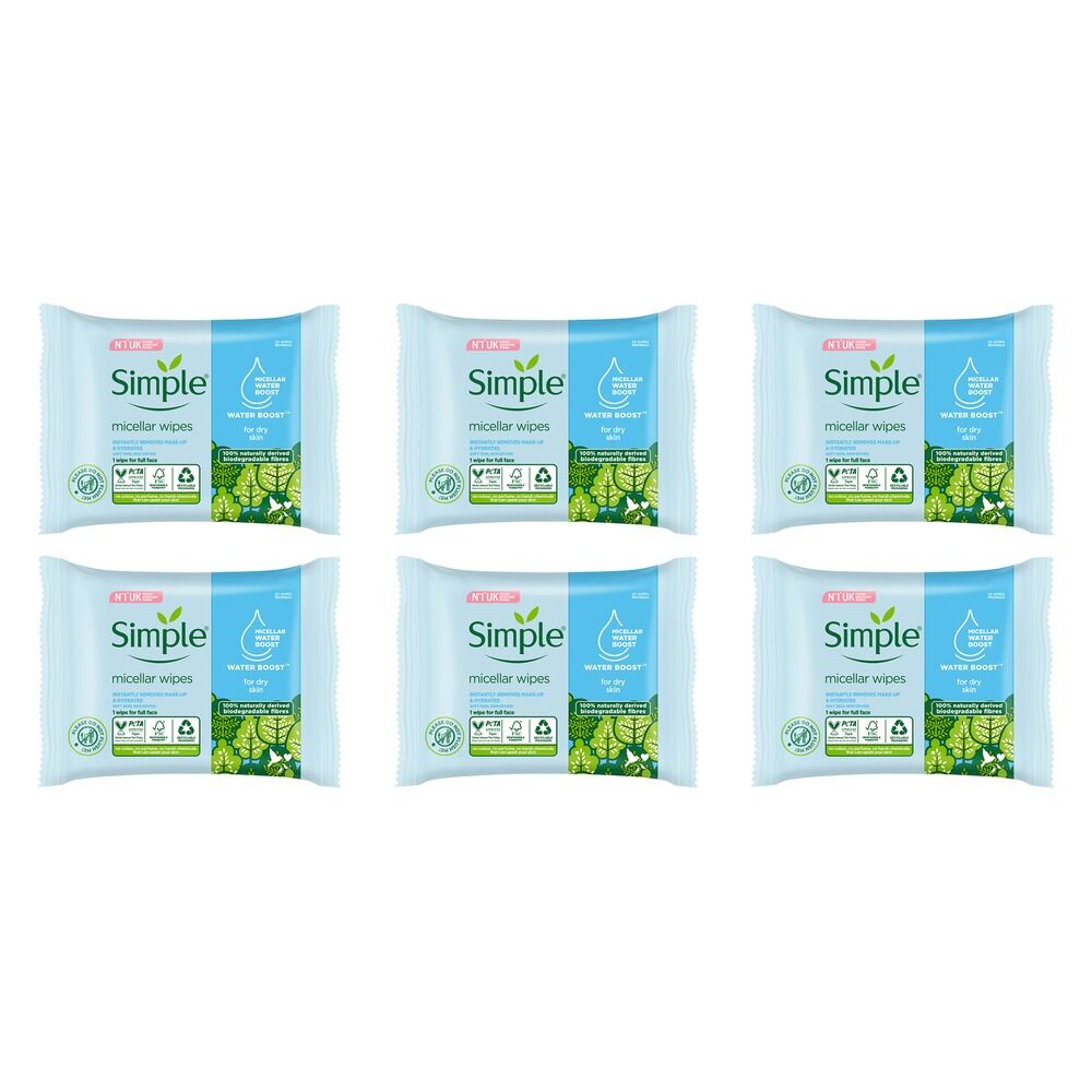 Simple Kind To Skin Micellar Biodegradable Facial Wipes 20 Wipes x 6 Bundle of 6