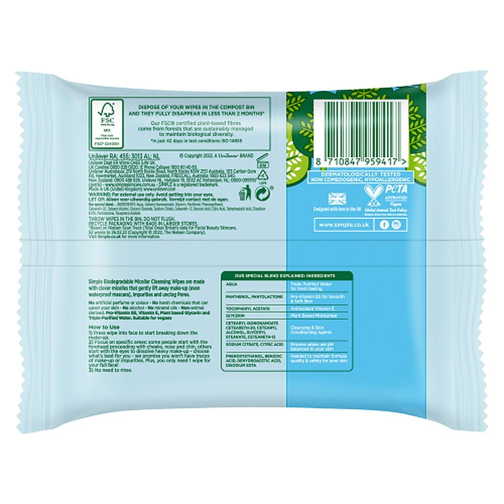 Simple Kind To Skin Micellar Biodegradable Facial Wipes 20 Wipes x 6