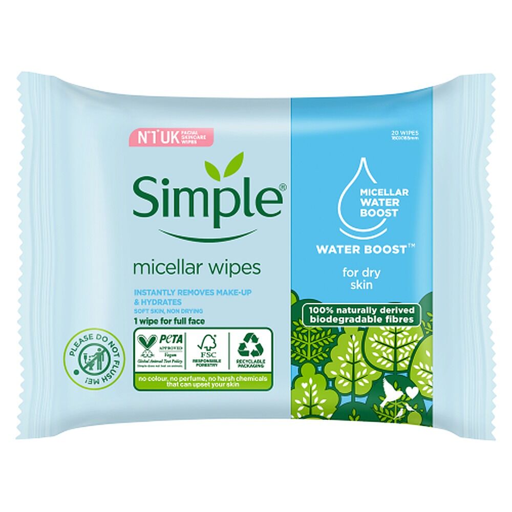 Simple Kind To Skin Micellar Biodegradable Facial Wipes 20 Wipes x 6