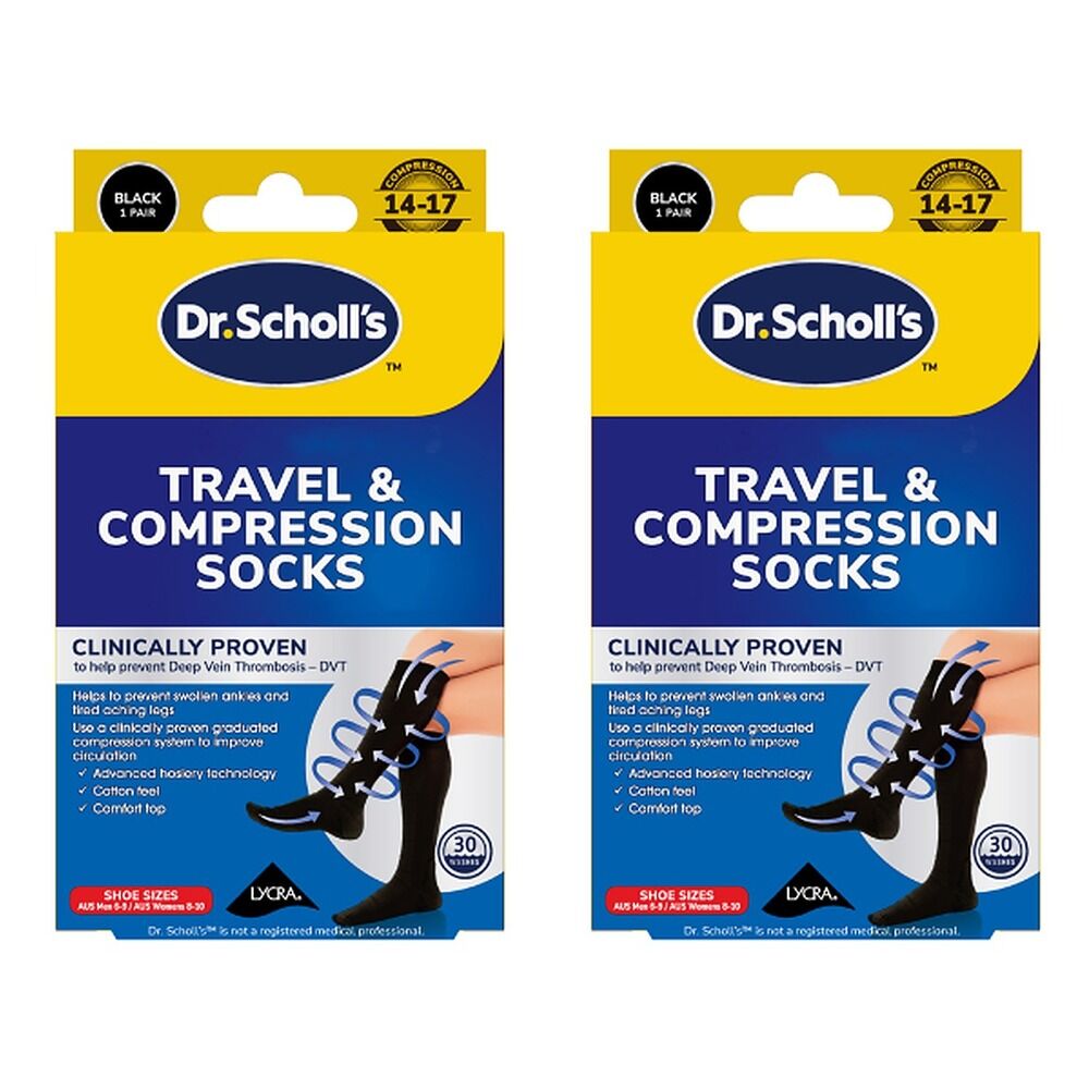 Scholl Flight Compression Socks Black W8-11 M6-9 Pack of 2
