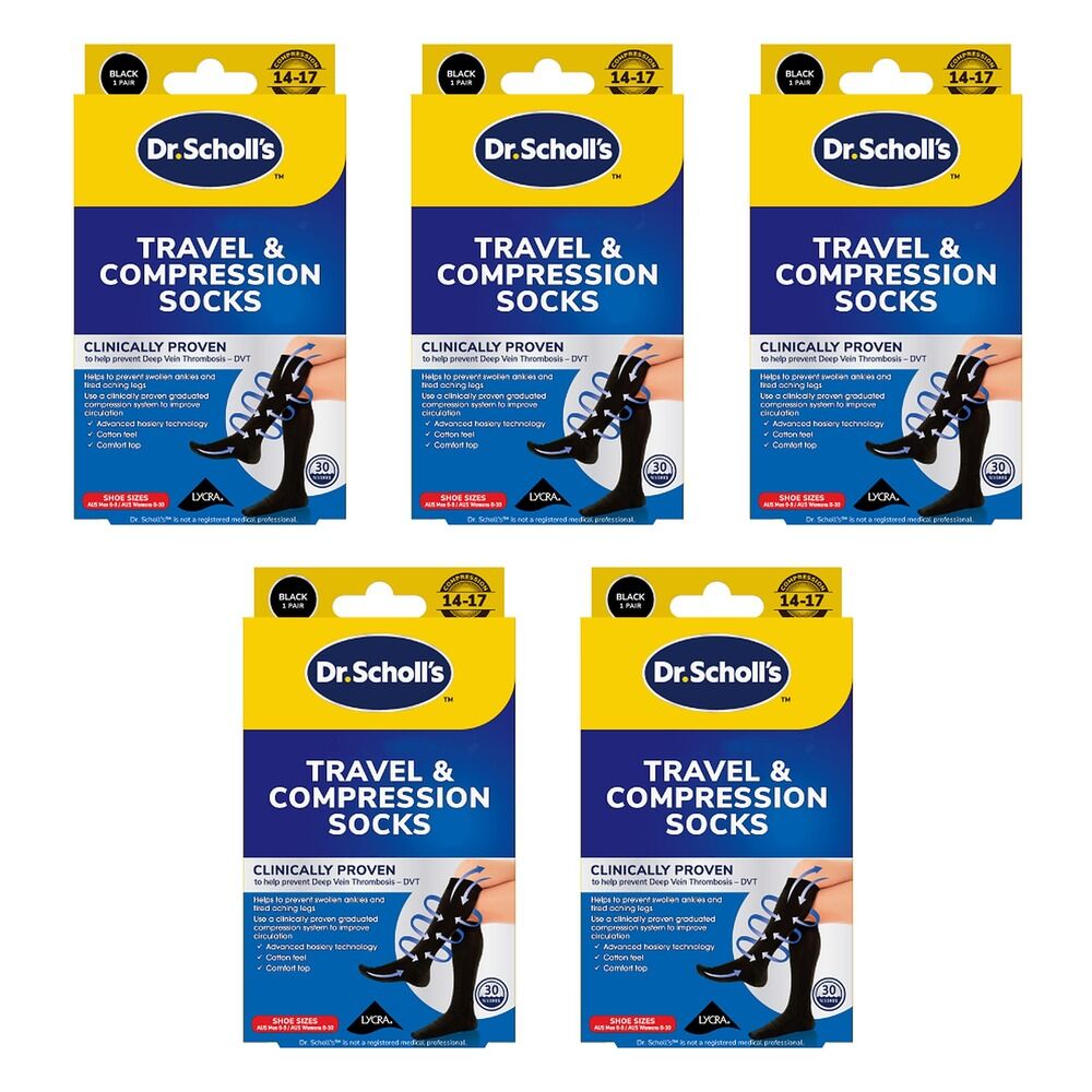 Scholl Flight Compression Socks Black W8-11 M6-9 Pack of 5
